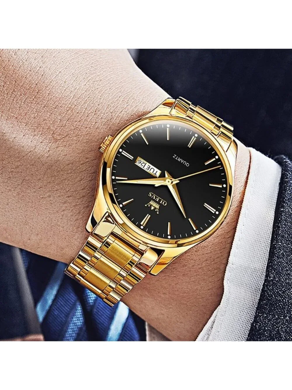 Men's Gold Black Big Dial Analog Quartz Stainless Steel Relojes Waterproof Watch